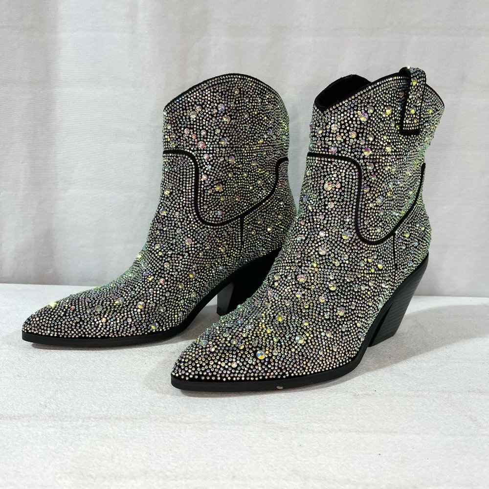 NEW! Women's Rhinestone Cowboy Boots, Sparkly Chunky Heel Ankle Boot, Size 6-7 - Picture 1 of 9